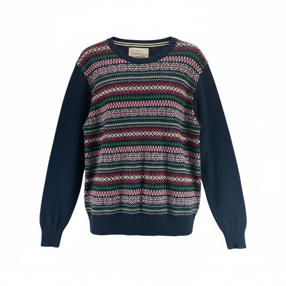 Men’s M Fair Isle Knit Sweater Navy Multicolor 100% Cotton Winter Holiday - Picture 1 of 7